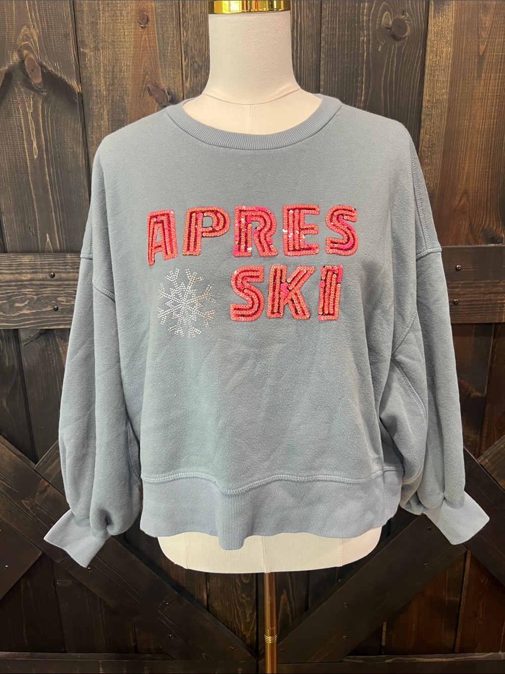 Judith March Blue Apres Ski Rhinestone Snowflake Sequin Sweatshirt M Preppy Crew